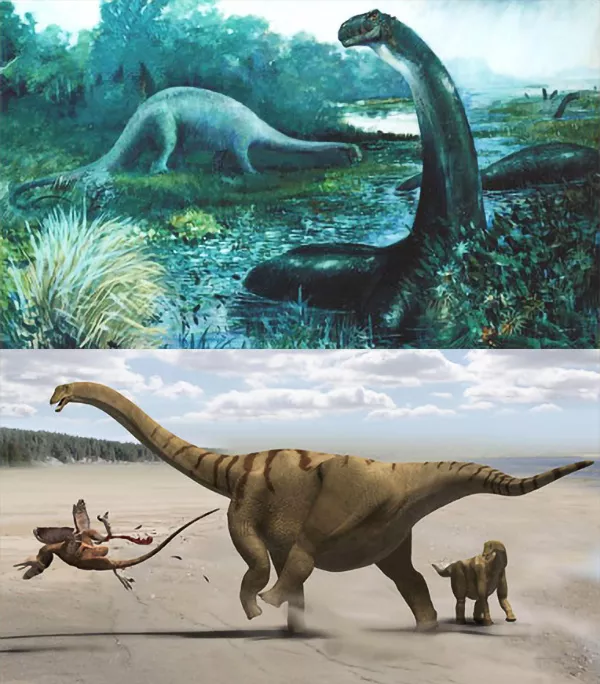 Dinosaurier. Kollage av två målningar.