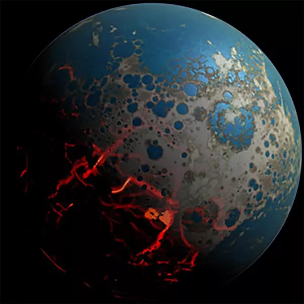 En planet med mycket blått och en del röda områden. Illustration.