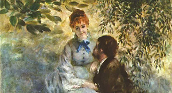 En kvinna sitter utomhus. En man sitter framför och tittar upp på henne. Målning.