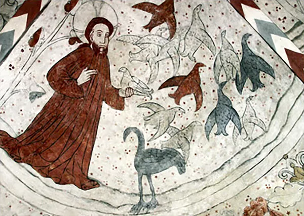 En man omgiven av fåglar med en fågel i handen. Målning.