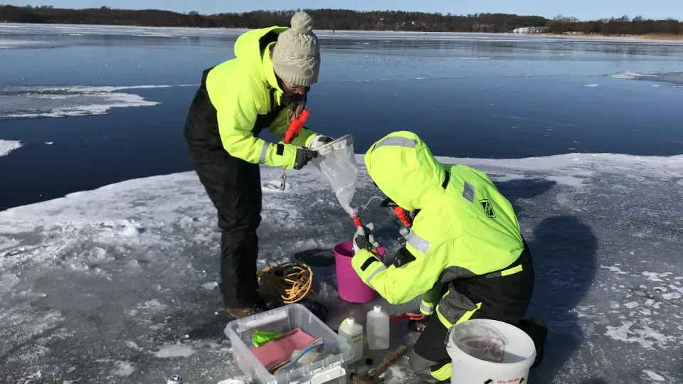 Två vinterkläda personer på en isklädd insjöholme tar vattenprover. Foto.