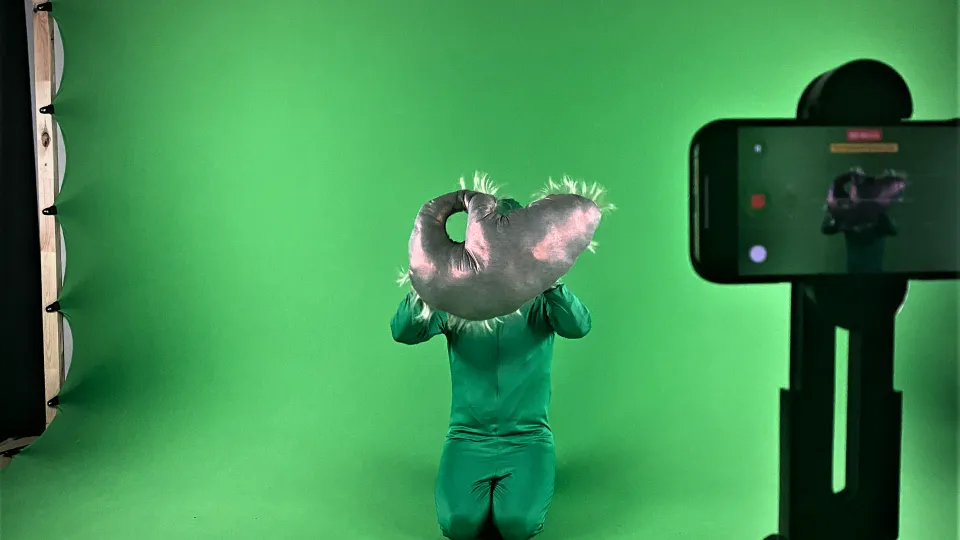 En person i grönt håller upp ett kuddliknande föremål mot en grön bakgrund. Foto.