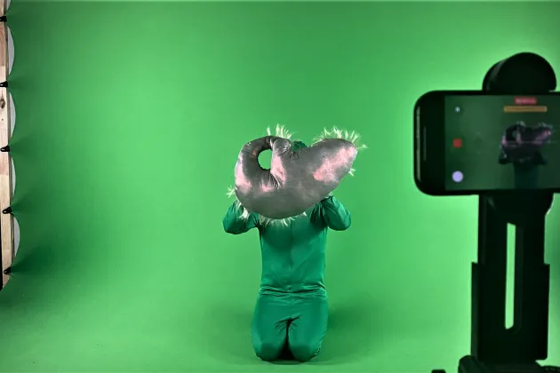 En person i grönt håller upp ett kuddliknande föremål mot en grön bakgrund. Foto.