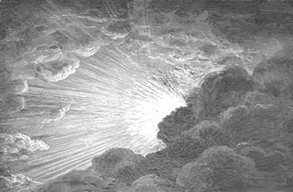 Svartvit illustration av solstrålar bakom ett moln.